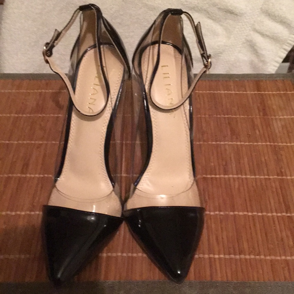 Shoes Black paten leather & Clear trim heel 4.5 in